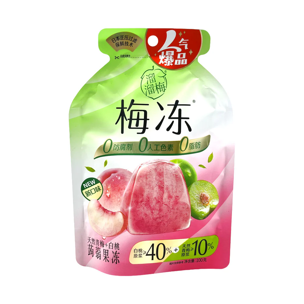 Liuliu Mei Plum Konjac Jelly – Green Plum & White Peach 100g - Chewy Fruit Konjac Jelly Snack
