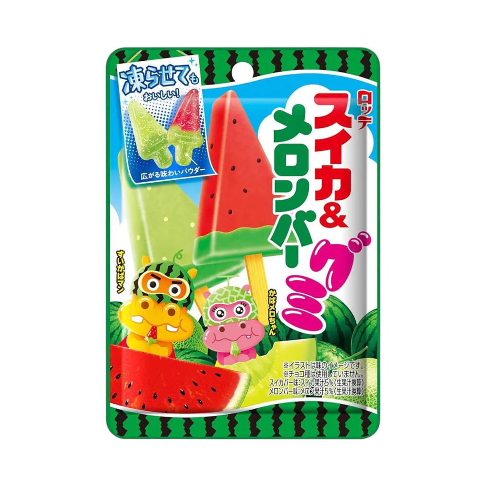 Lotte Watermelon & Melon Bar Gummy Candy 73g - Popsicle-Shaped Gummies