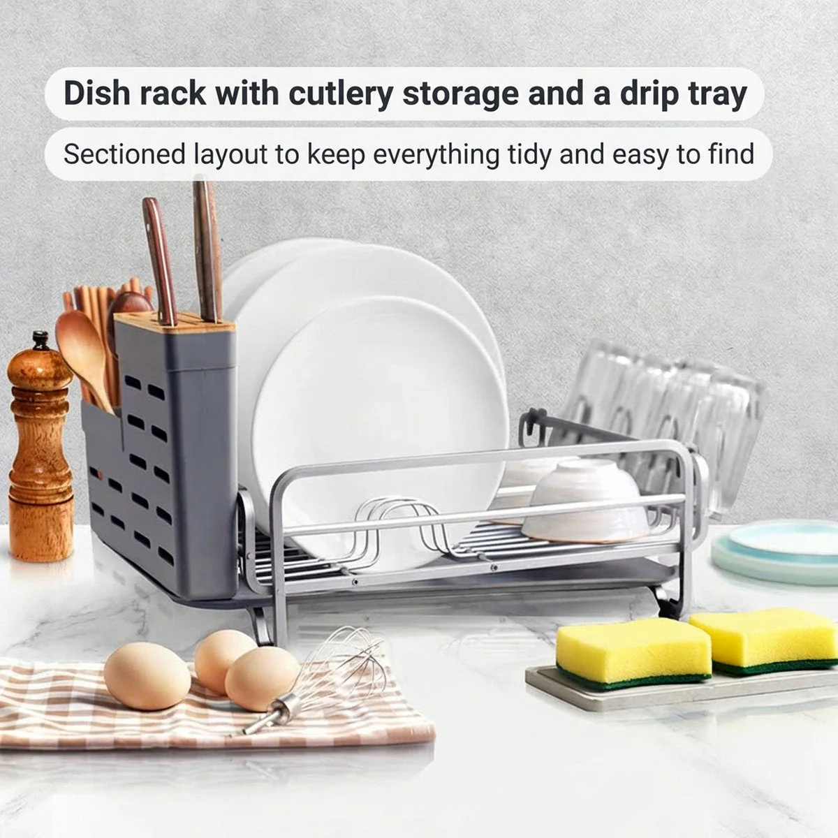 Member's Mark Aluminum Dish Rack 51 x 35 x 26.5 cm - Dish Drainer with Cutlery Holder - Limited Import - Image 2