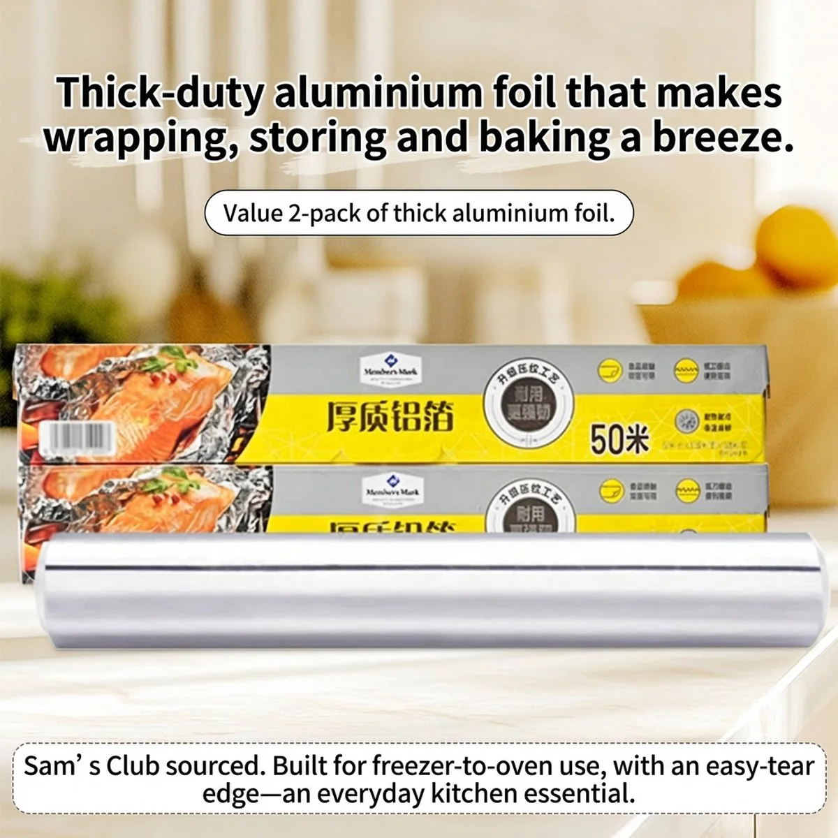 Member's Mark Heavy-Duty Aluminum Foil 50m × 2 Rolls – Food-Grade Foil for Baking, Grilling & Freezing - Image 3