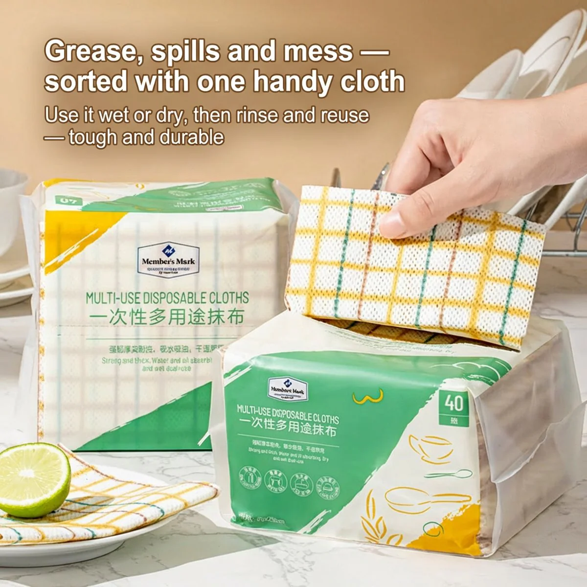 Member's Mark Multi-Use Disposable Cleaning Cloths 25×25 cm – 40 Sheets × 6 Packs - Image 3