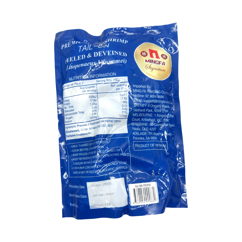 Mingfa Signature Frozen Raw Tail-On Peeled & Deveined Prawns (16/20) – 700g - Image 2