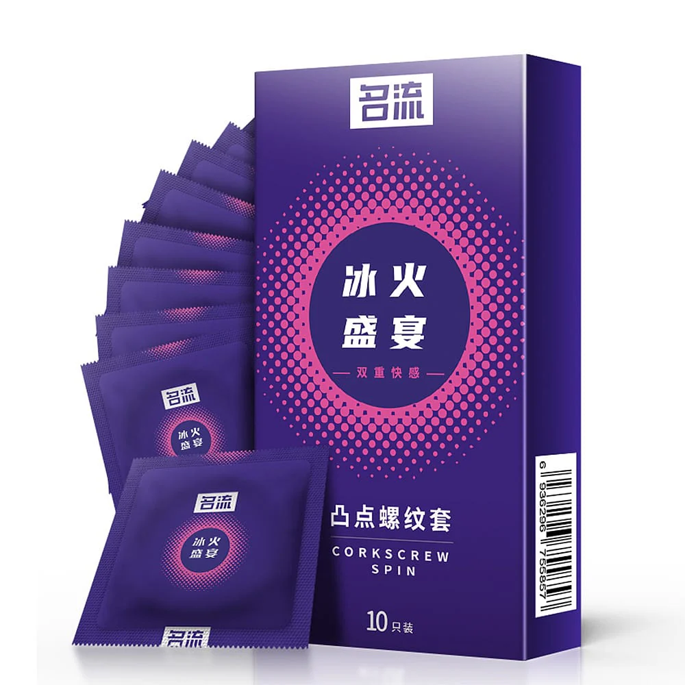 MingLiu Ice and Fire Pleasure Condoms with Dotted and Ribbed Texture - 10 Pieces
