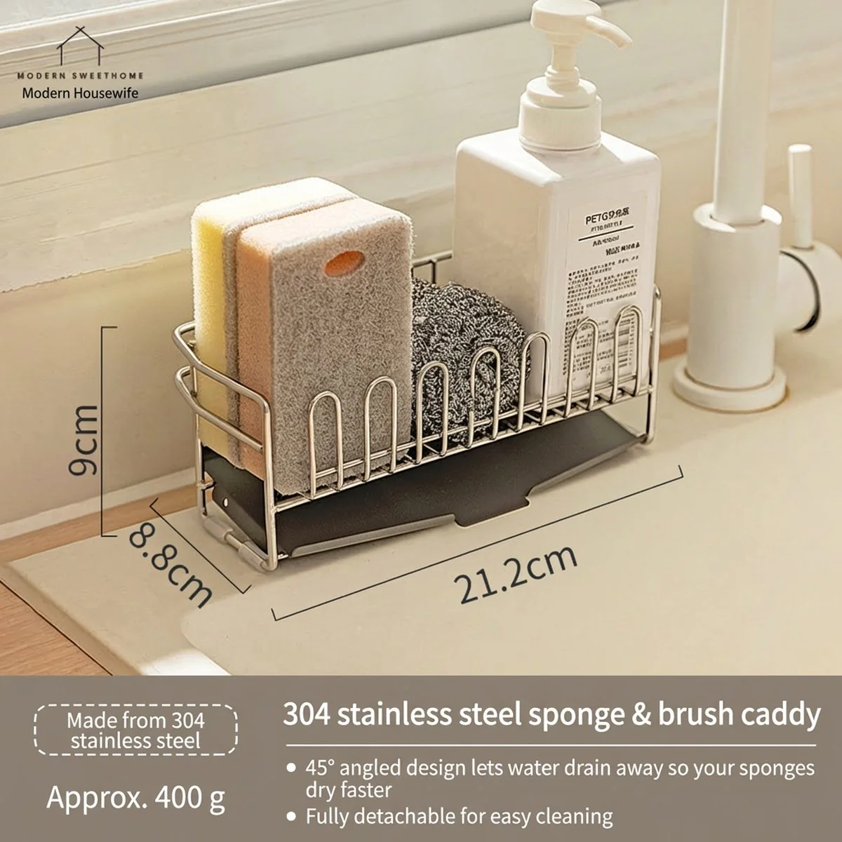 Modern Housewife 304 Solid Stainless Steel Sink Caddy – Fast-Draining Rack for Sponges & Dish Soap - Image 5