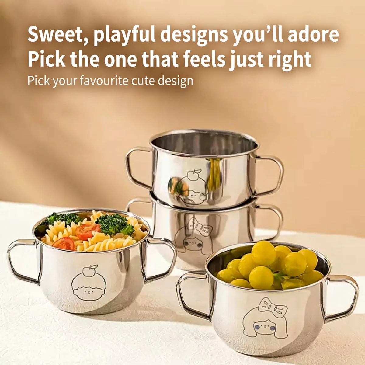 Modern Housewife 304 Stainless Steel Double-Handle Bowl (Girl Design) – Cute Two-Handle Soup/Noodle Bowl