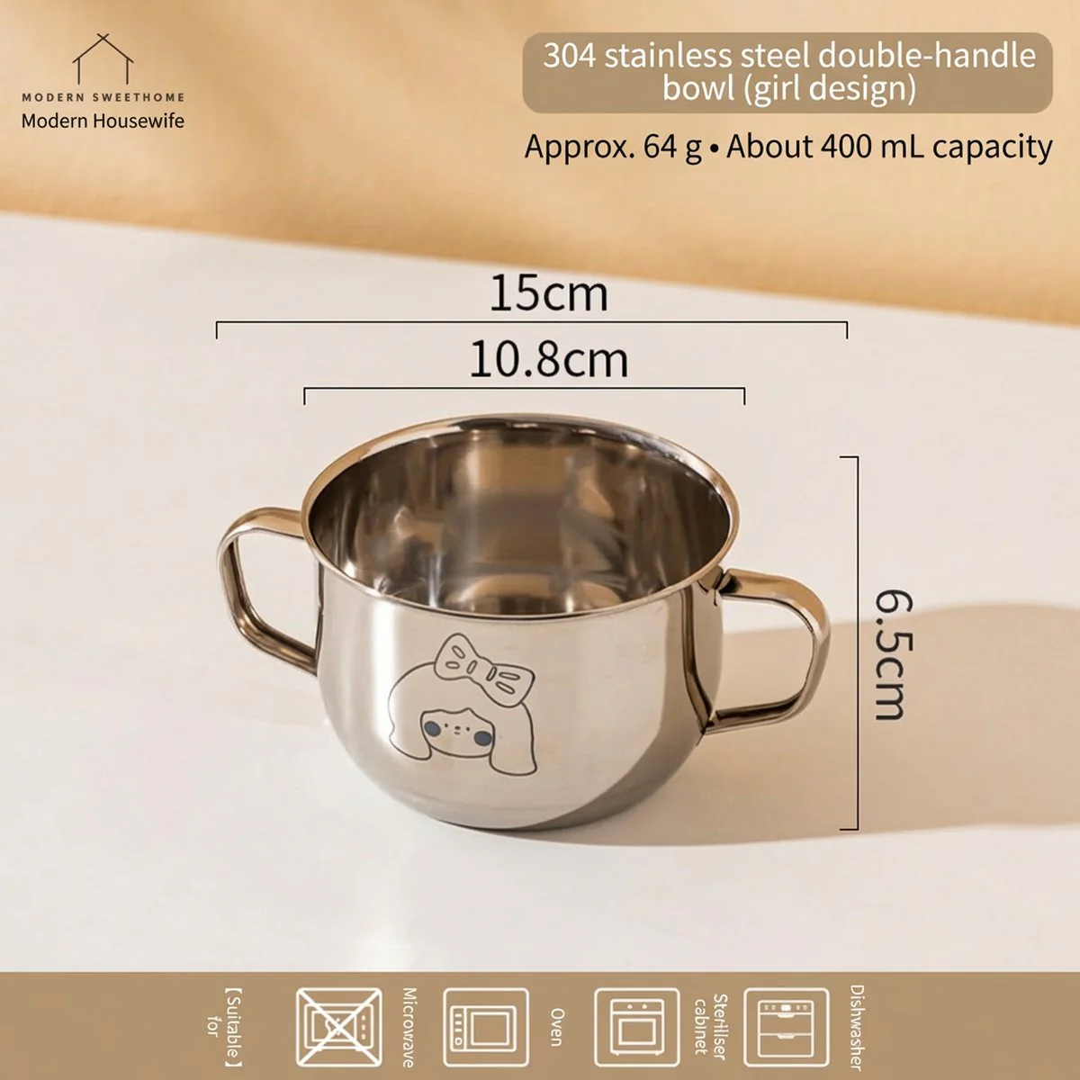 Modern Housewife 304 Stainless Steel Double-Handle Bowl (Girl Design) – Cute Two-Handle Soup/Noodle Bowl - Image 4