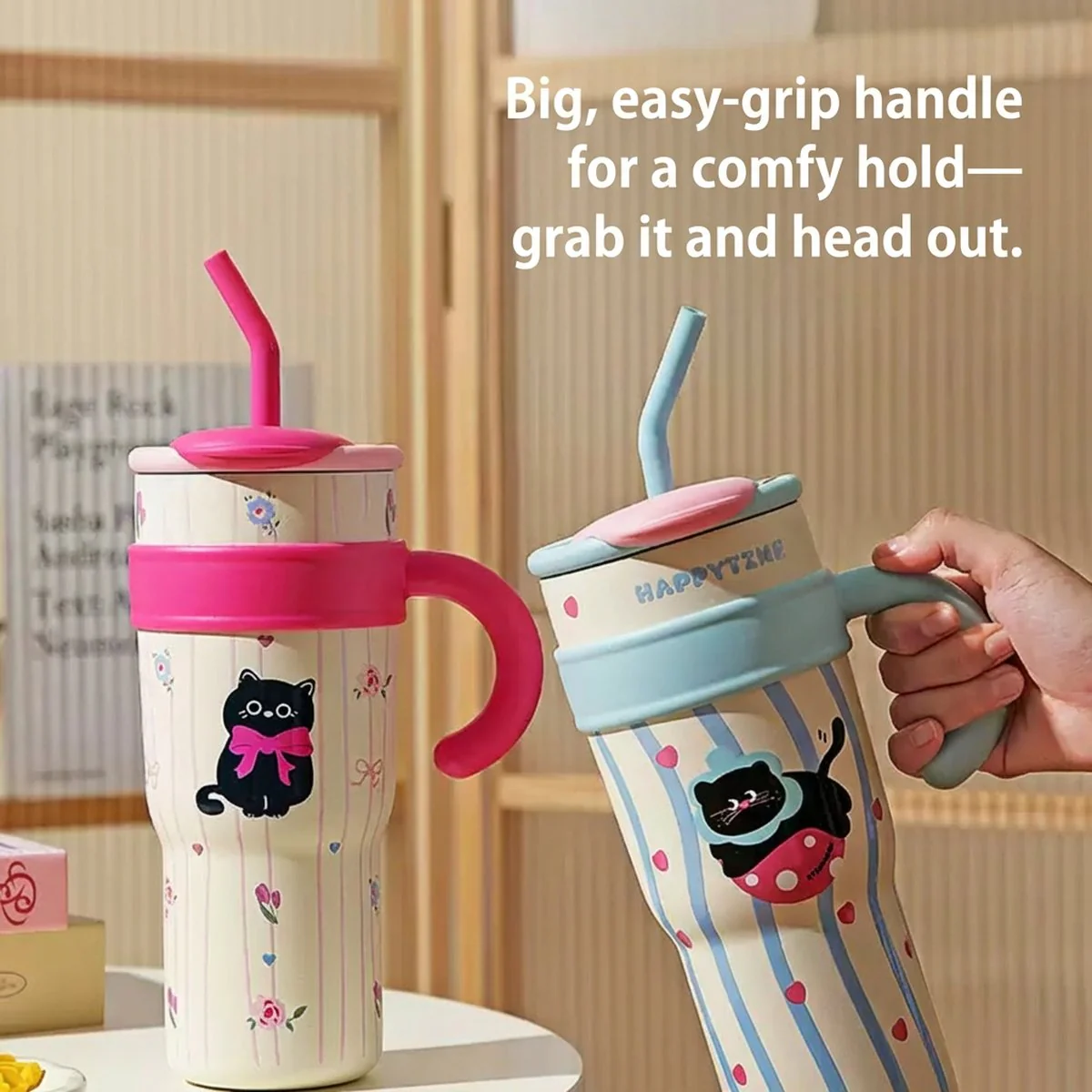 Modern Housewife 304 Stainless Steel Insulated Tumbler - Wiggling Cat Design, 1200ml - Image 3