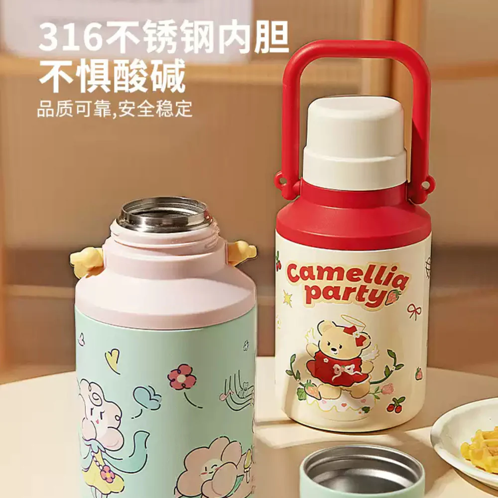 Modern Housewife 316 Stainless Steel Vacuum Flask with Carry Handle, 1000ml – Spring Outing Bear Design - Insulated Water Bottle Thermos - Image 2