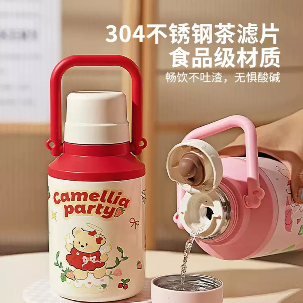 Modern Housewife 316 Stainless Steel Vacuum Flask with Carry Handle, 1000ml – Spring Outing Bear Design - Insulated Water Bottle Thermos - Image 3