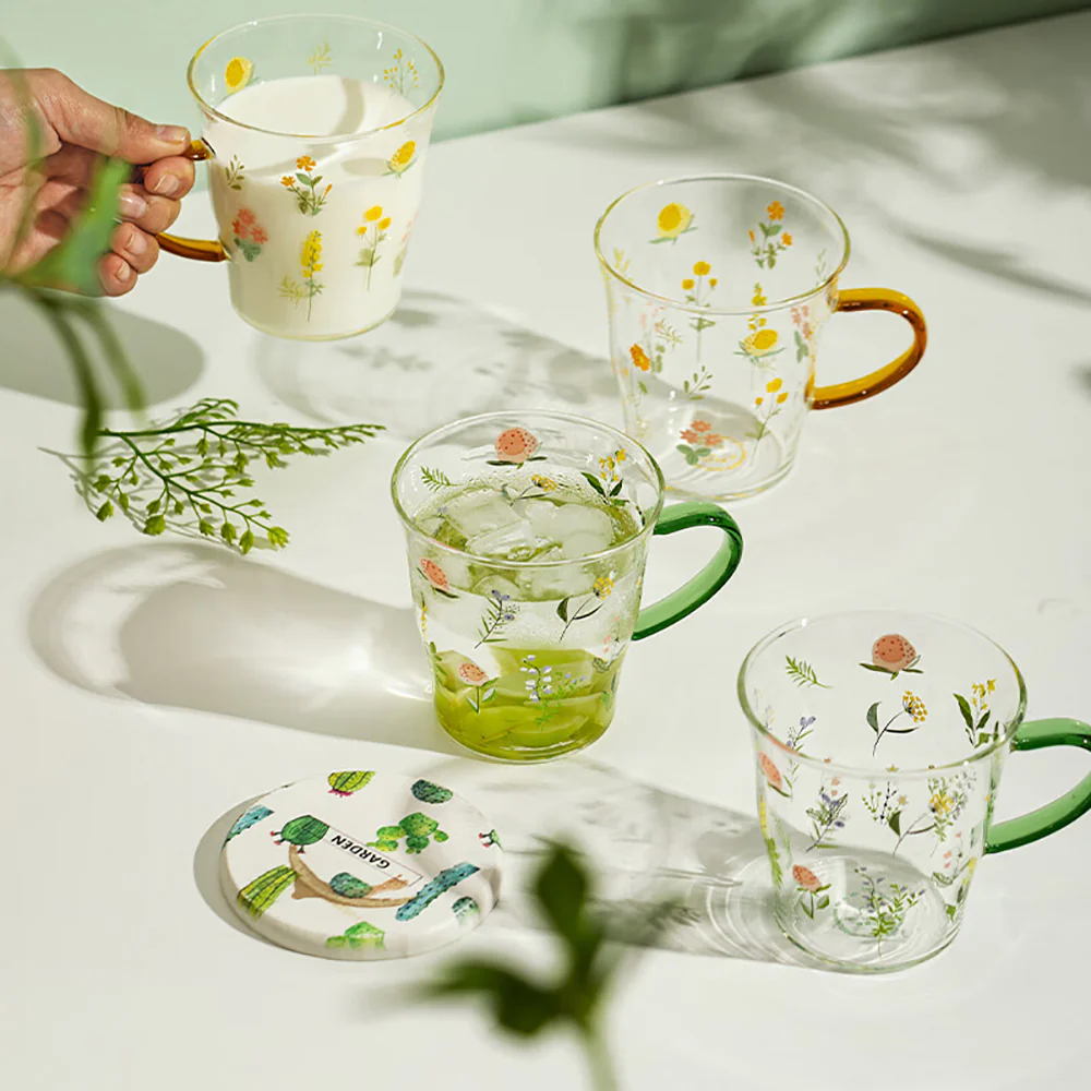 Modern SweetHome Floral Glass Mug with Yellow Handle - 400ml - Image 2
