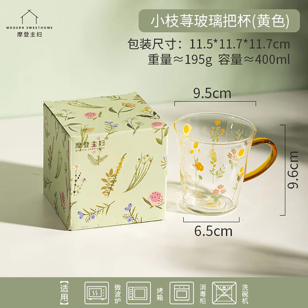Modern SweetHome Floral Glass Mug with Yellow Handle - 400ml - Image 3