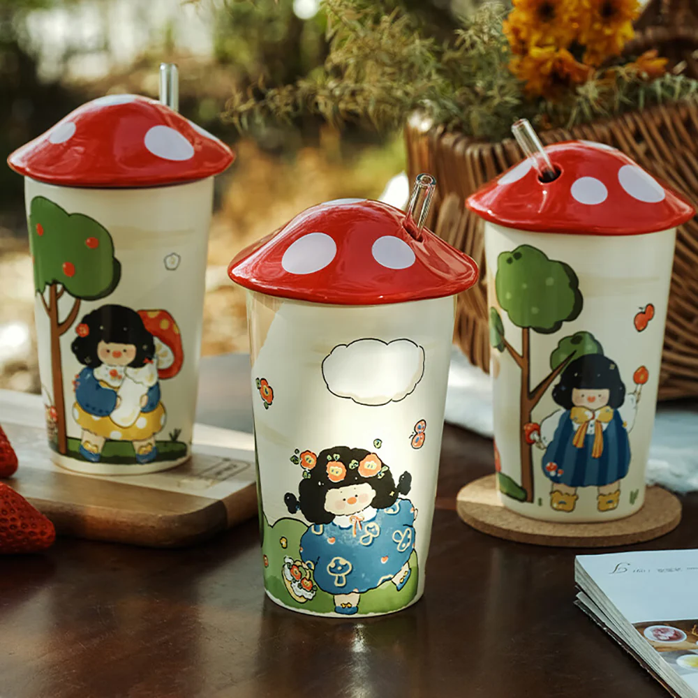 Modern SweetHome Oil Painting Girl Hugging Mushroom Cup - 450ml - Image 2