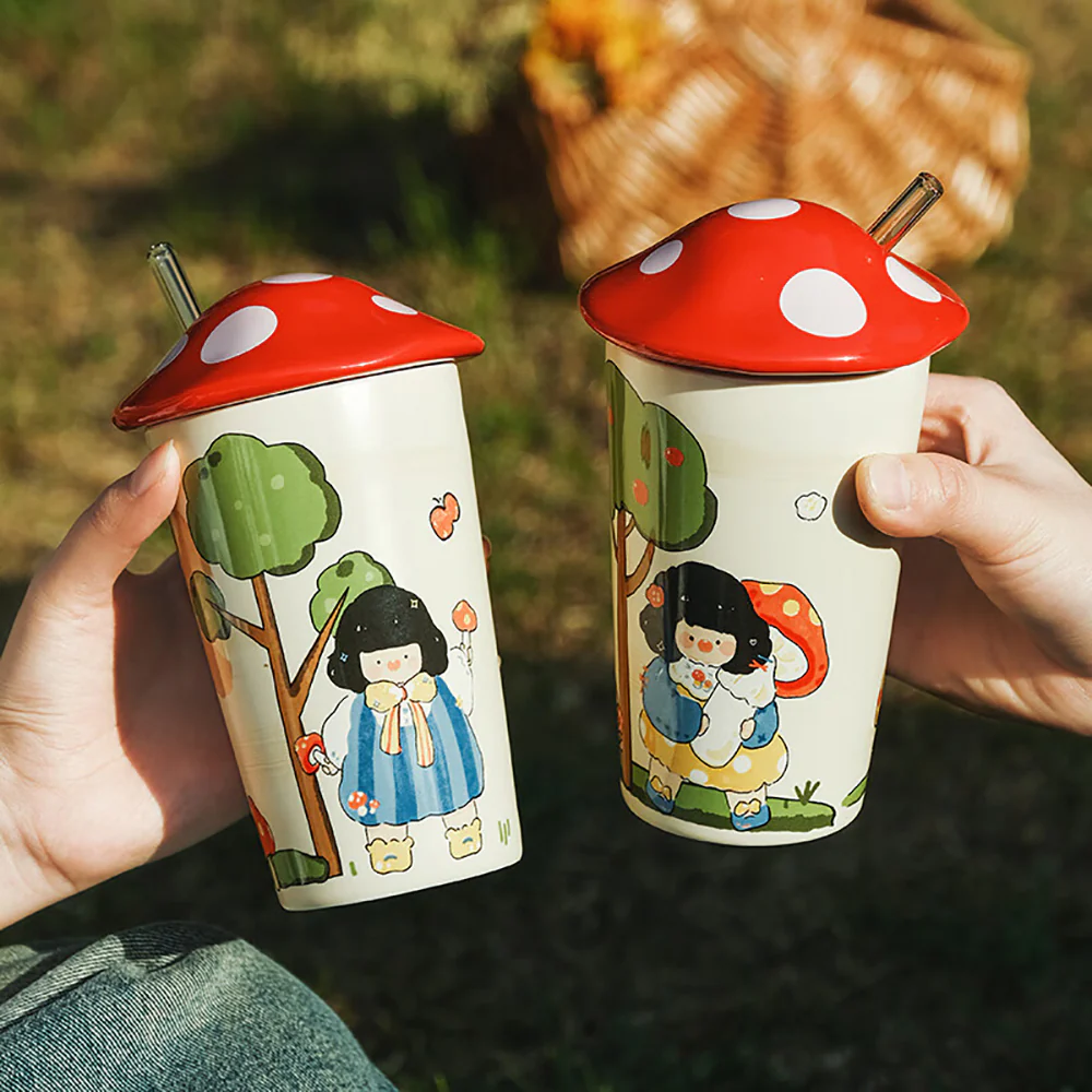 Modern SweetHome Oil Painting Girl Hugging Mushroom Cup - 450ml - Image 3