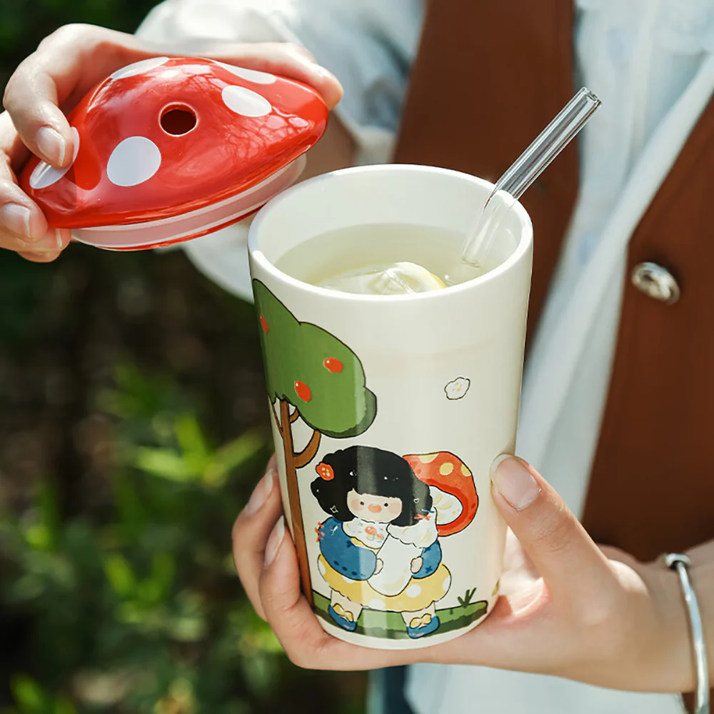 Modern SweetHome Oil Painting Girl Hugging Mushroom Cup - 450ml - Image 4