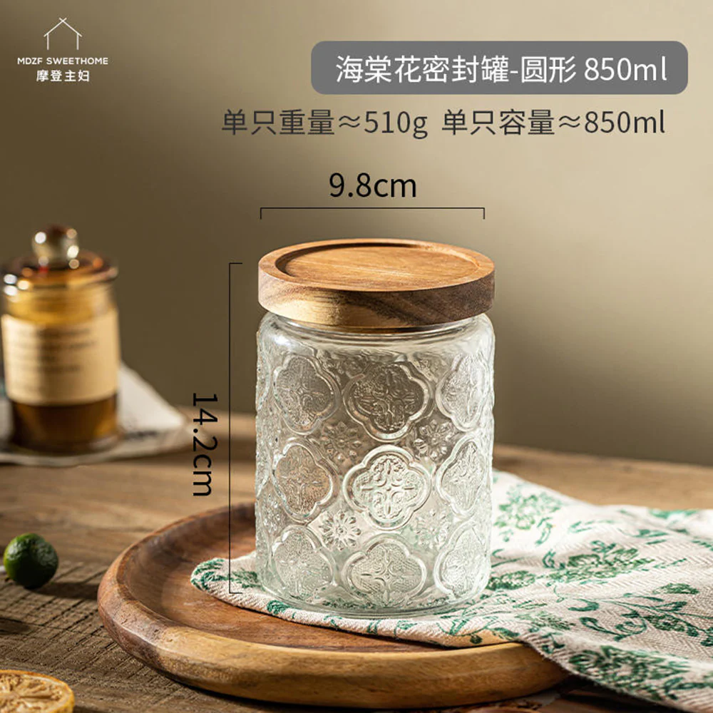 Modern SweetHome Round Sealed Jar with Acacia Wood Lid - 850ml - Image 3