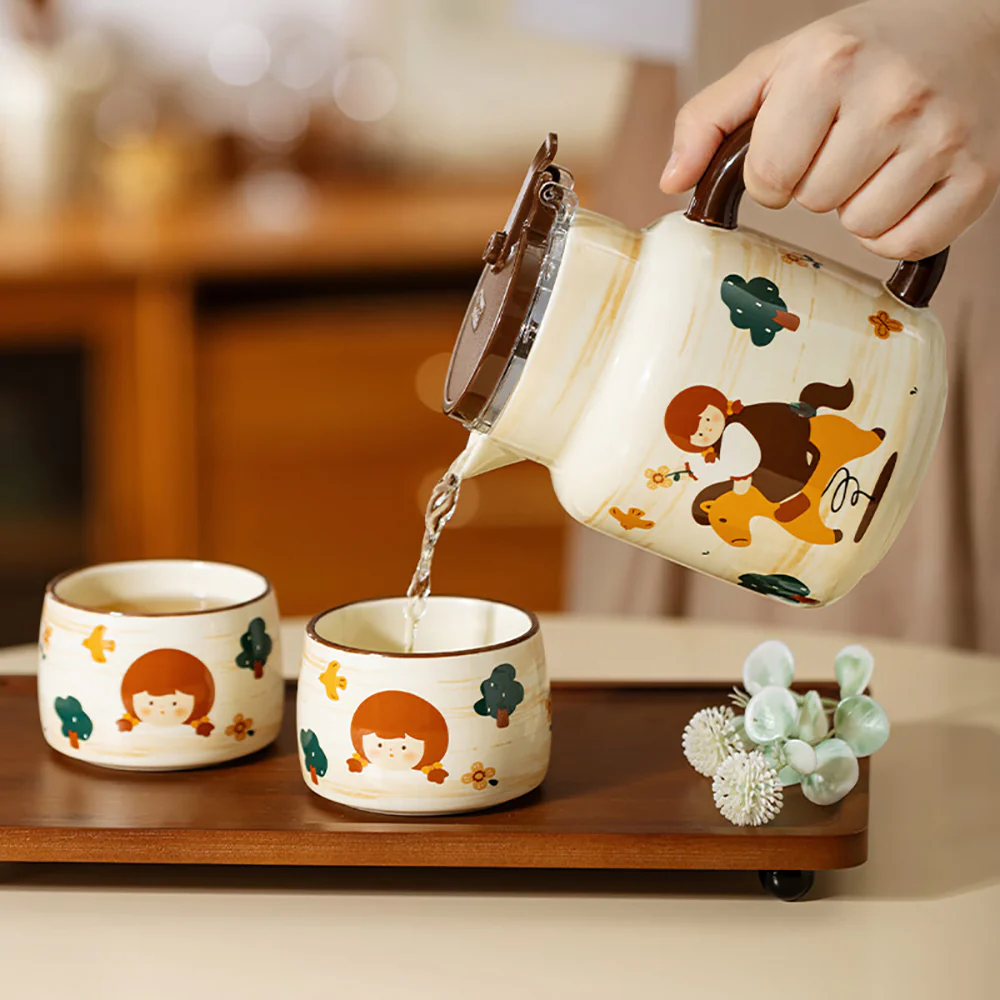 Modern SweetHome Wooden Horse Girl Teapot Set with Tray - 780-800ml - Image 3
