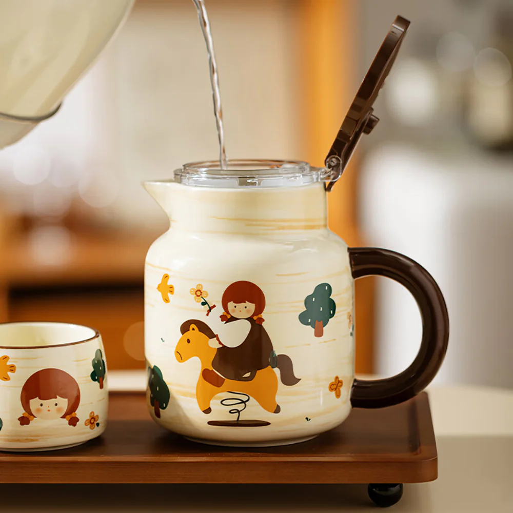 Modern SweetHome Wooden Horse Girl Teapot Set with Tray - 780-800ml - Image 4