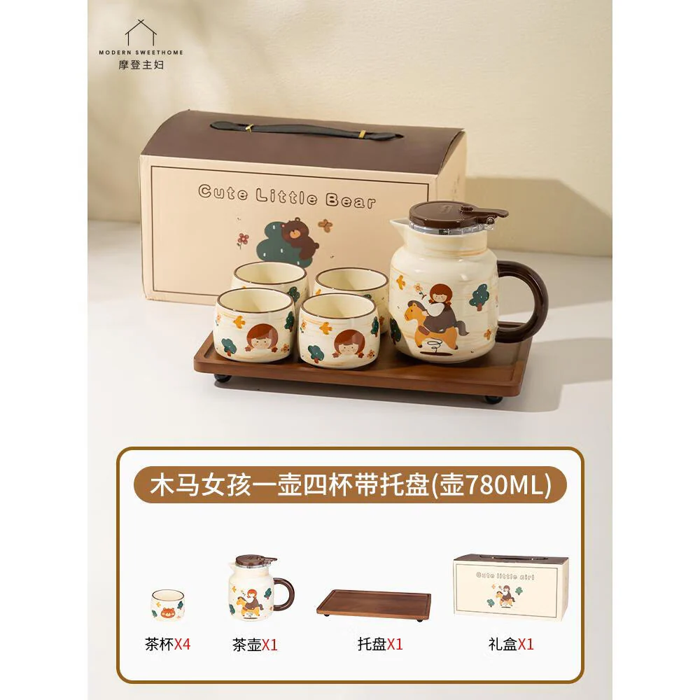 Modern SweetHome Wooden Horse Girl Teapot Set with Tray - 780-800ml - Image 5