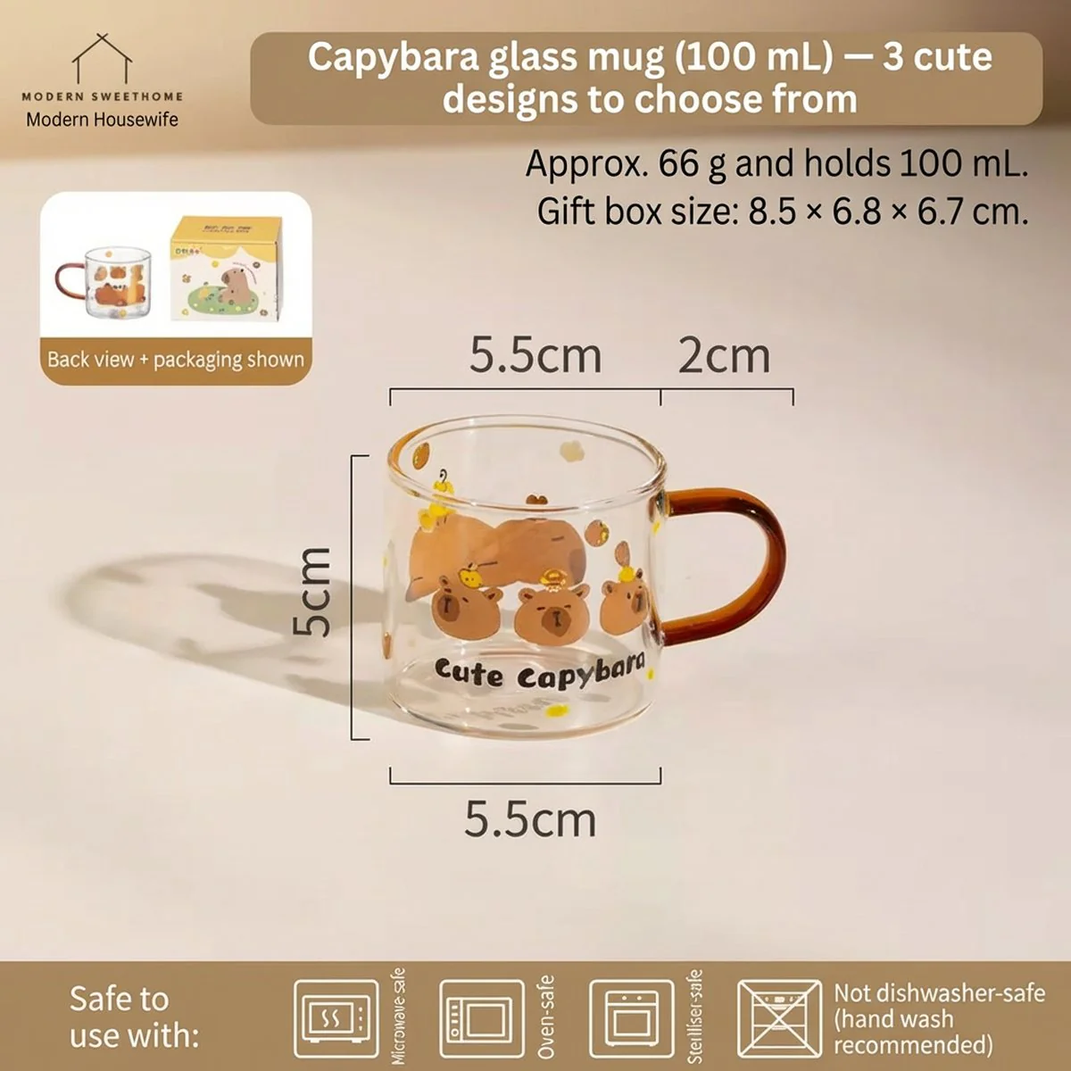 Modern Sweet Home Capybara Cute Glass Cup Set - 100ml, 3 Pieces