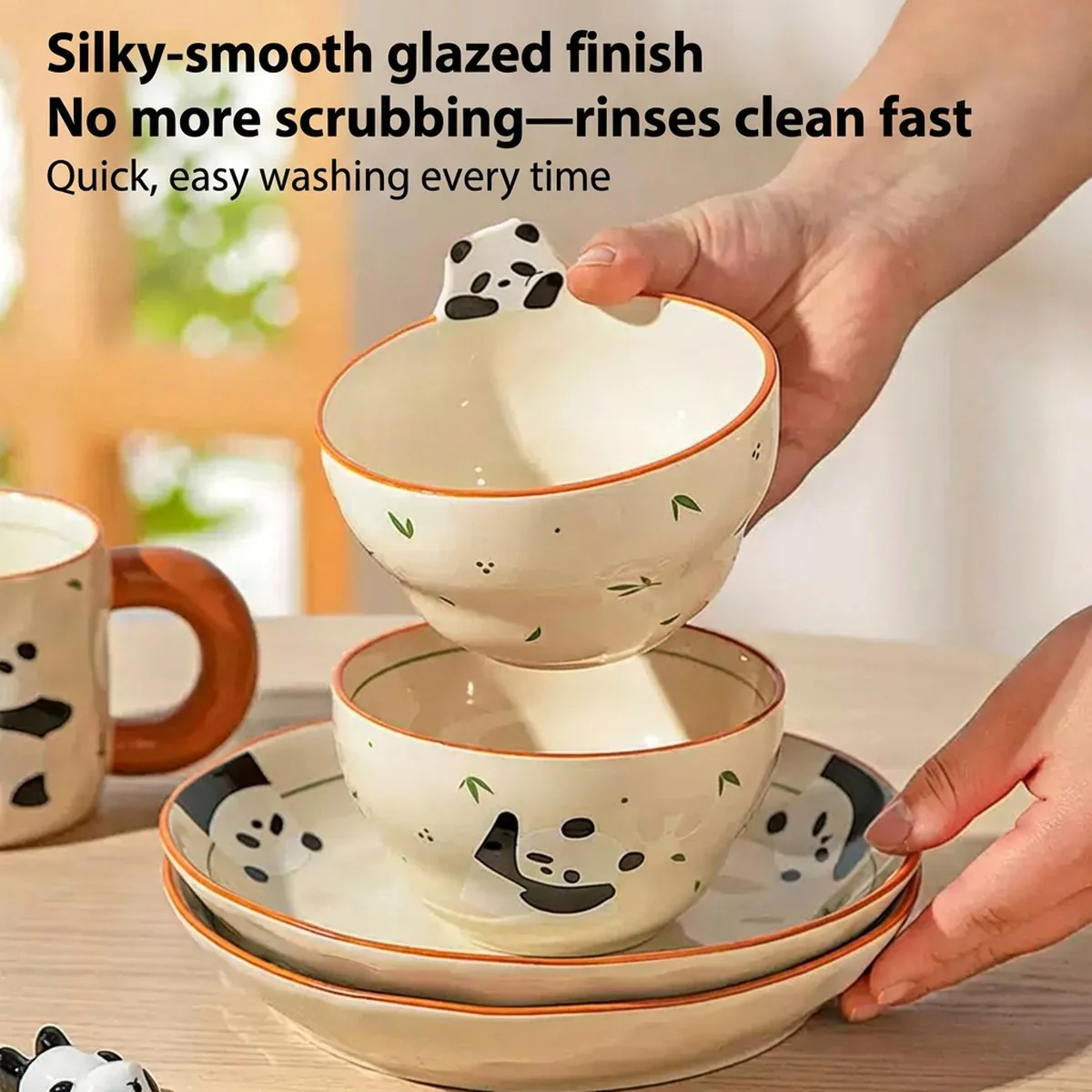 Modern SweetHome Gourd-Shaped Ceramic Bowl – Waving Panda Design, 4.7" (420 ml) - Image 3