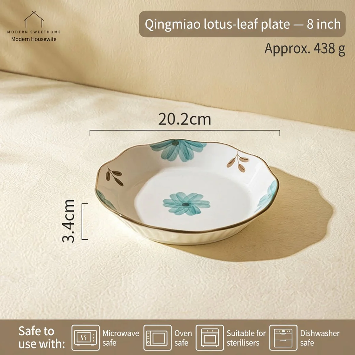 Modern SweetHome "Qingyuan" 8-Inch Lotus Leaf Ceramic Plate – Microwave, Oven & Dishwasher Safe