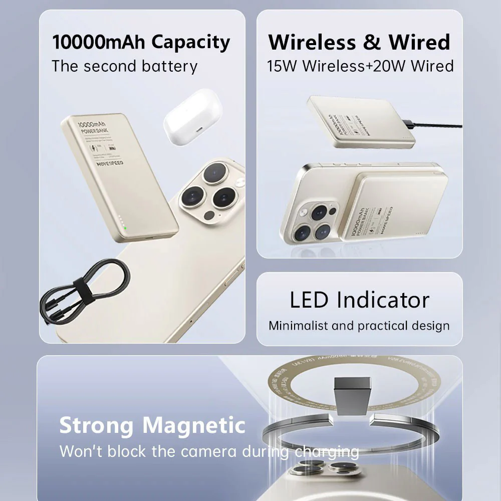 Movespeed S10 Ultra-Thin Magnetic Power Bank 10000mAh PD20W Titanium Gold - Image 3
