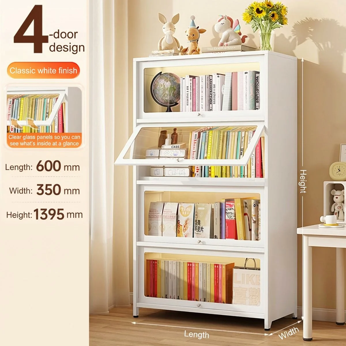 Mozu 4-Door White Glass-Front Steel Bookcase 60 x 35 x 139.5cm