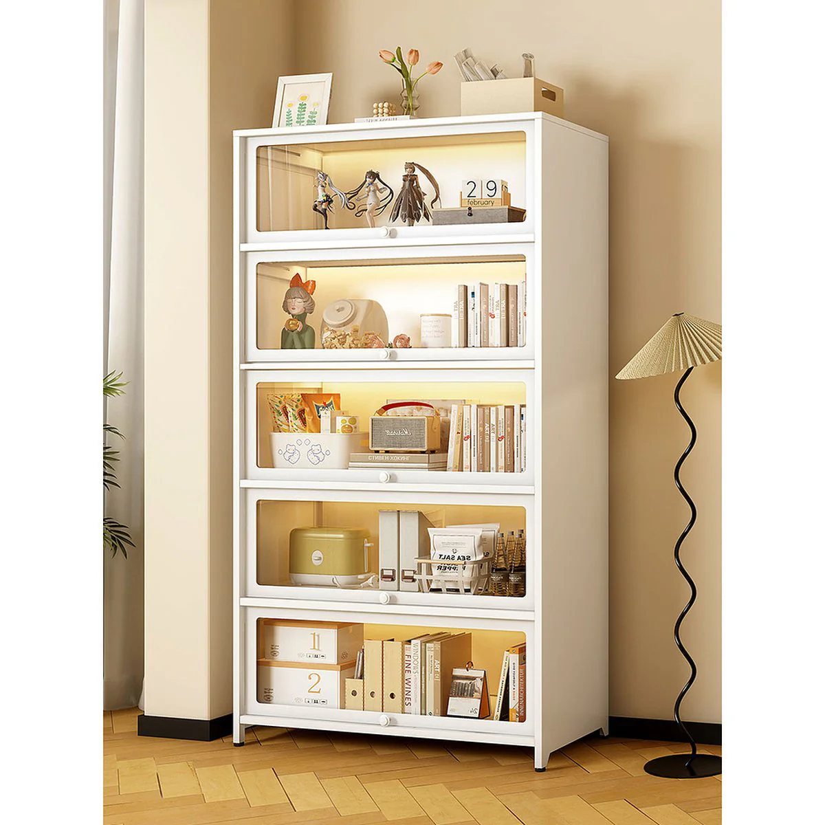 Mozu 4-Door White Glass-Front Steel Bookcase 60 x 35 x 139.5cm - Image 2
