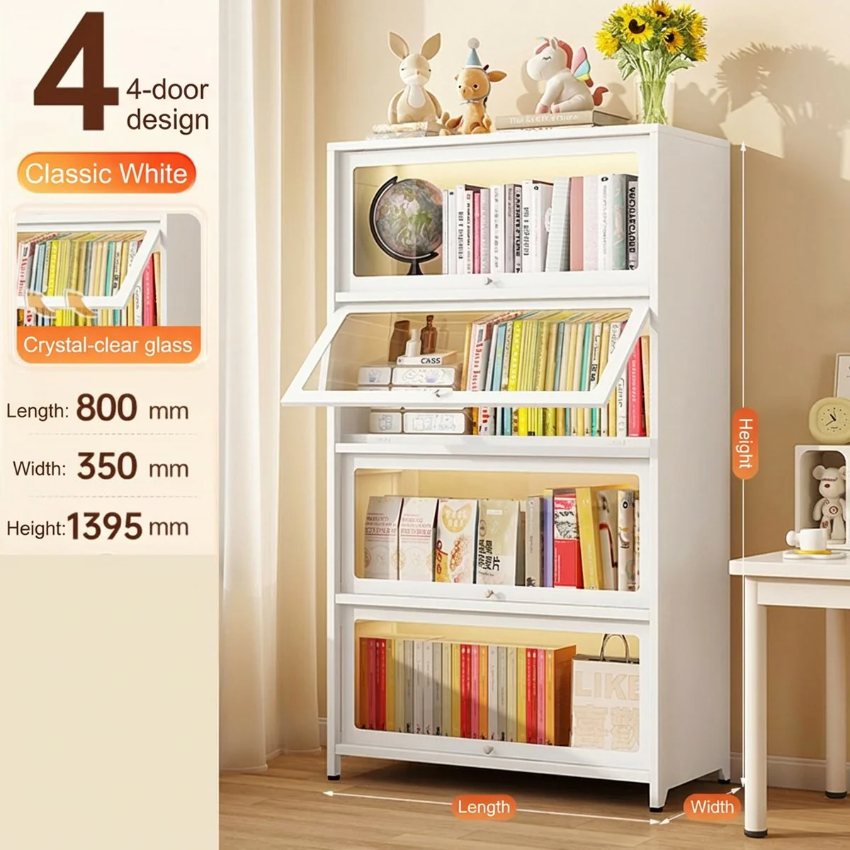Mozu 4-Door White Glass-Front Steel Bookcase 80 x 35 x 139.5cm