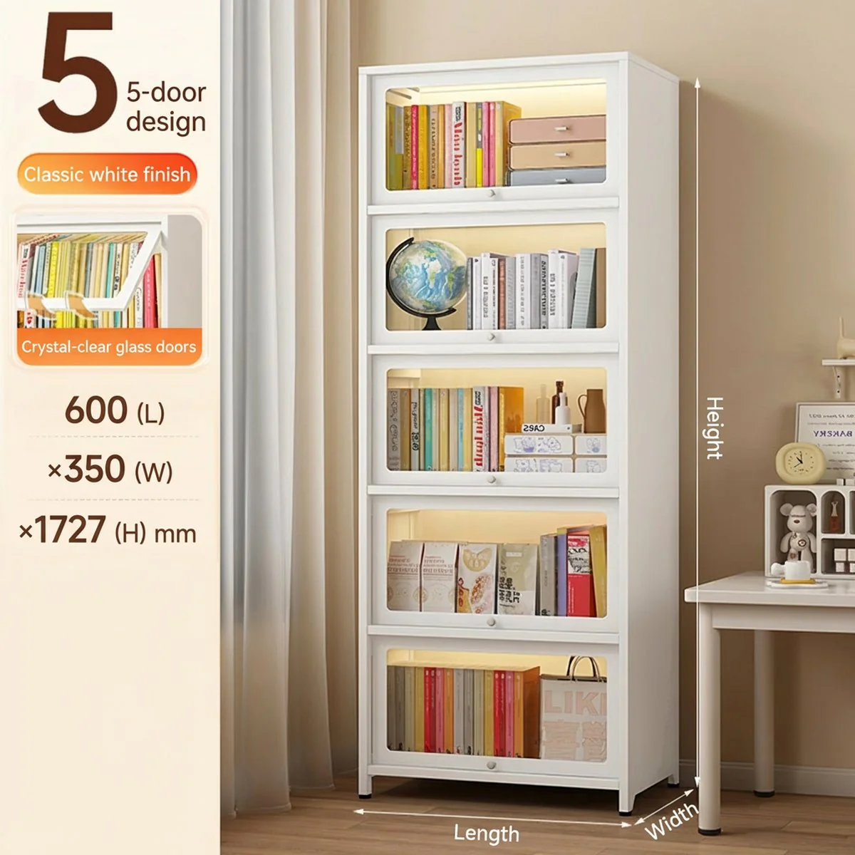 Mozu 5-Door White Glass Flip-Door Metal Bookcase 60 x 35 x 172.7 cm