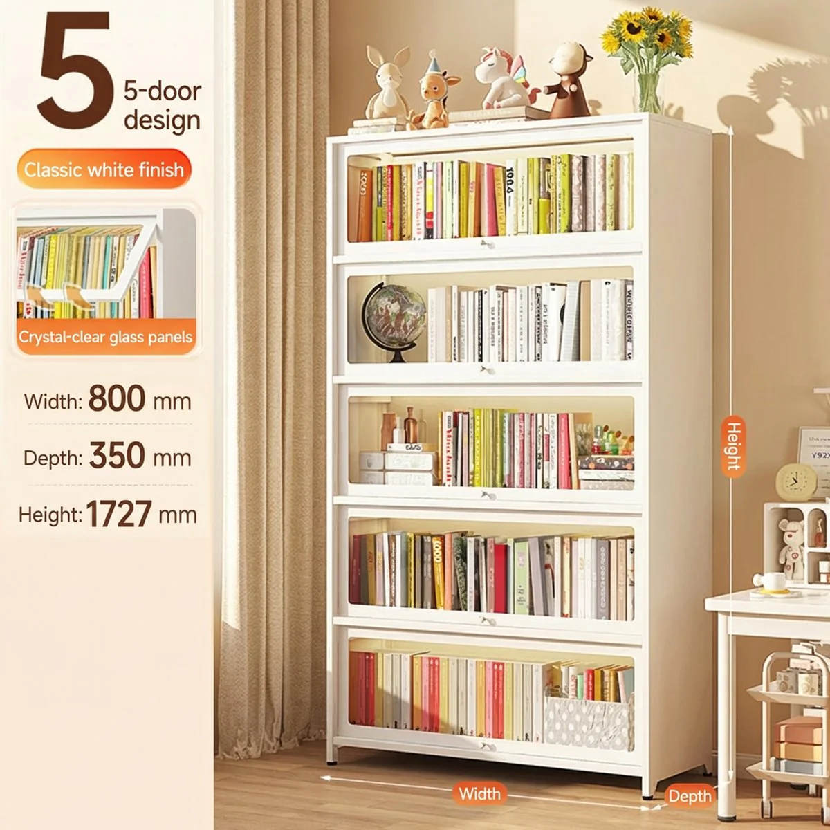Mozu 5-Door White Glass-Front Steel Bookcase 80 x 35 x 172.7cm