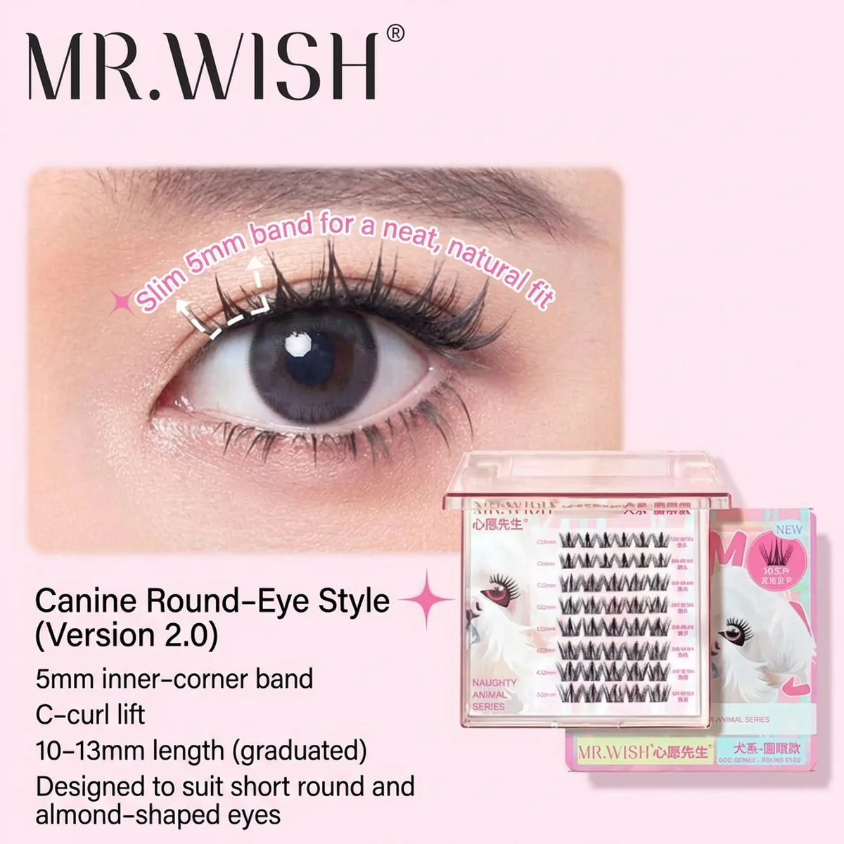 MR.WISH Naughty Animal Series Dog-Eye Round Effect False Eyelashes – C Curl, 10–13 mm Length, 5 mm Band Width - Wispy Natural Cluster Lashes for Short Round & Almond Eyes