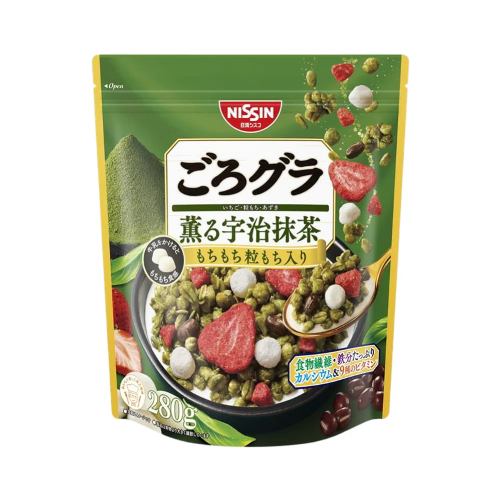 Nissin Uji Matcha Granola Cereal 280g – Japanese Matcha Breakfast Cereal with Chewy Mochi & Strawberries