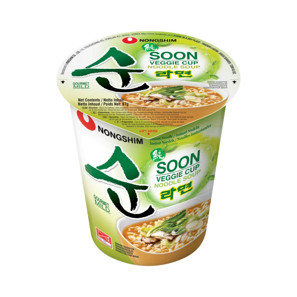 Nongshim Soon Veggie Cup Noodle Soup (Mild, Vegan) 67g - Korean Instant Ramen Cup