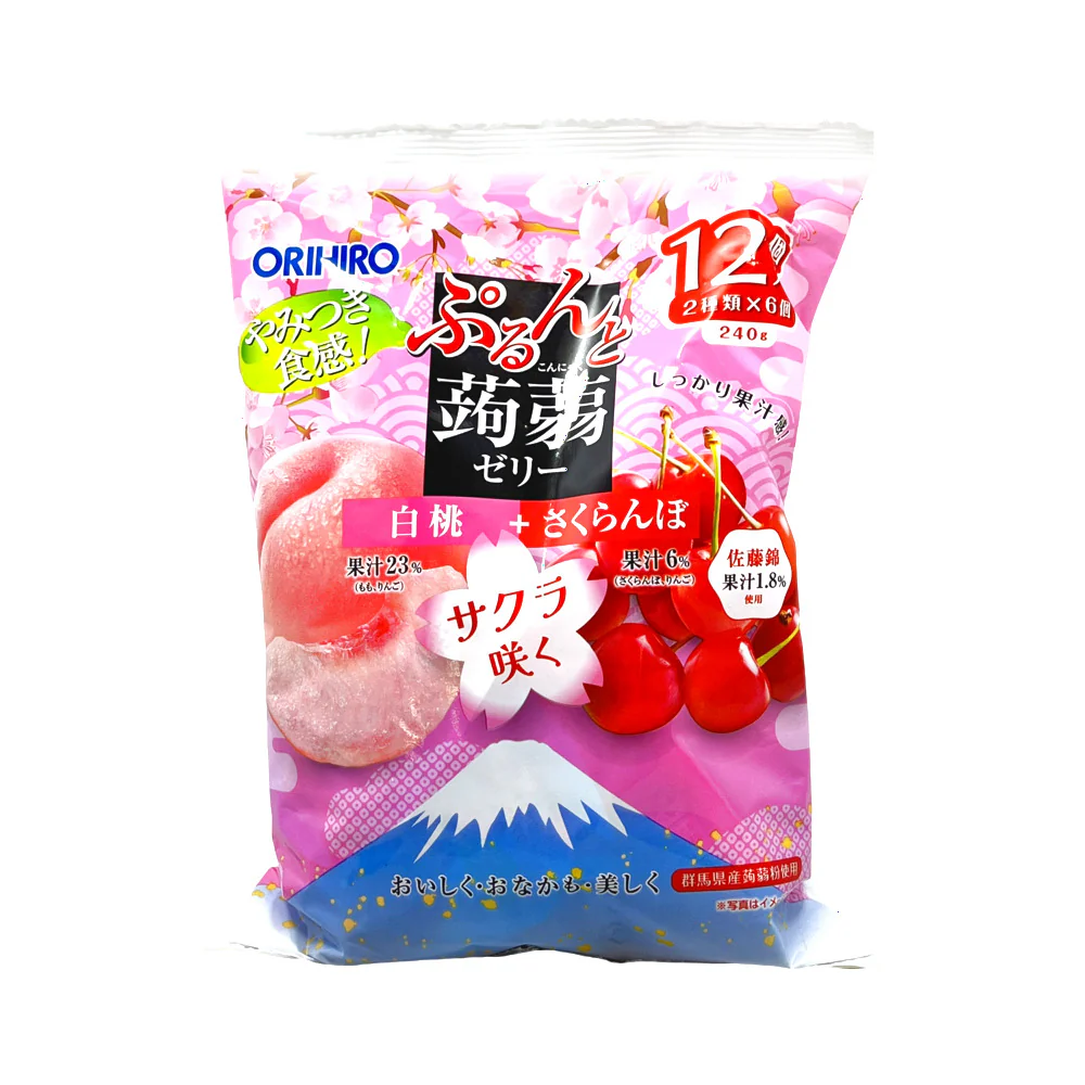 Orihiro Konjac Fruit Jelly – White Peach & Cherry 240g (12 Cups) - Low-Calorie Konnyaku Snack