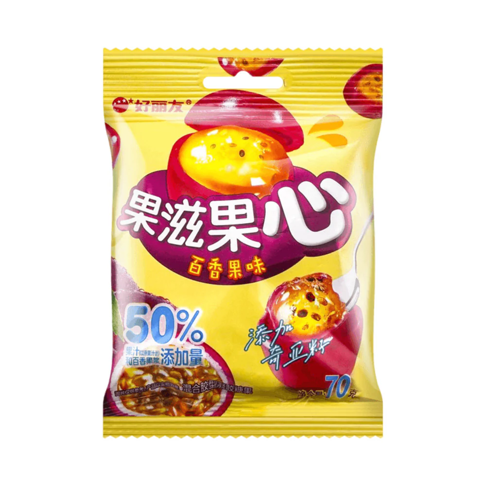 Orion Fruity Core Passion Fruit Gummies 70g – Soft Candy with 50% Real Juice & Chia Seeds