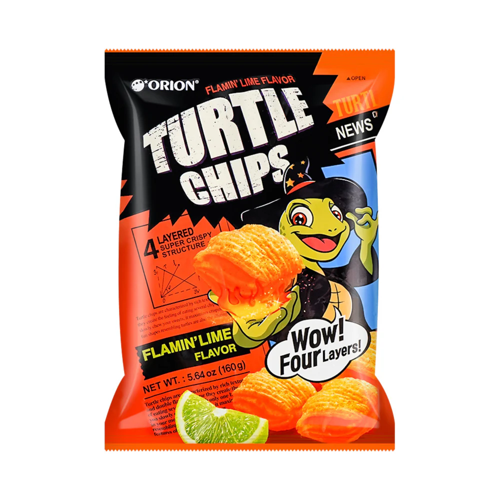 Orion Turtle Chips Flamin' Lime Flavour 160g – Spicy Lime Layered Corn Chips