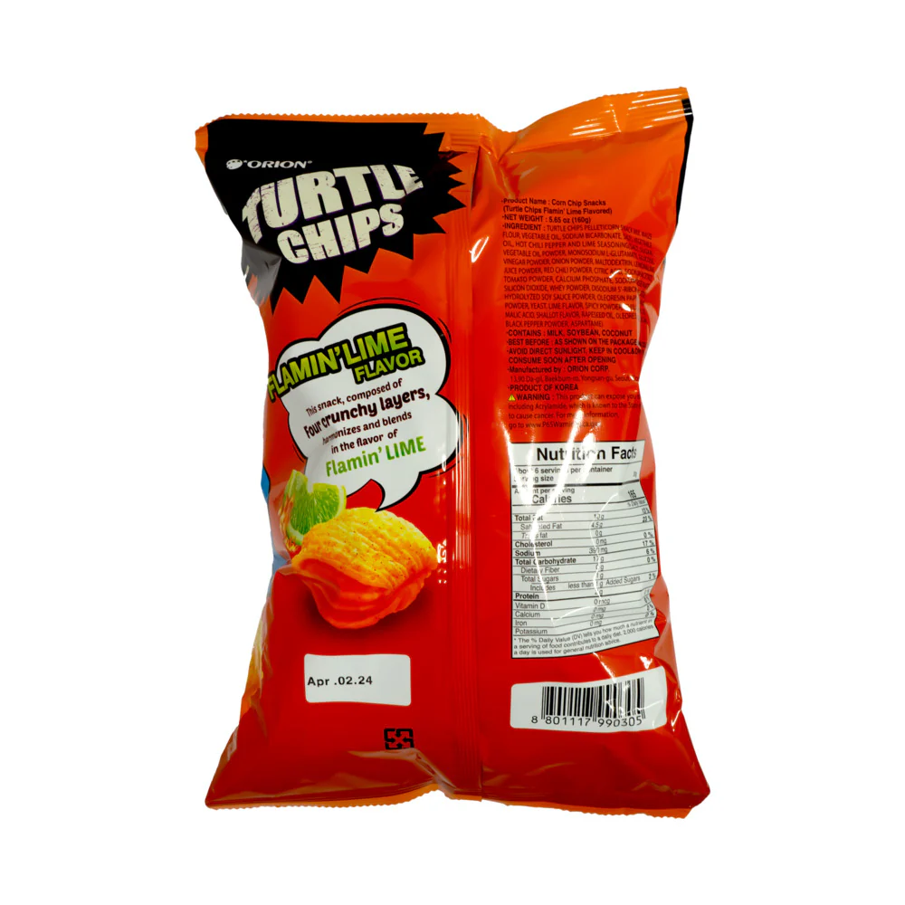 Orion Turtle Chips Flamin' Lime Flavour 160g – Spicy Lime Layered Corn Chips - Image 2