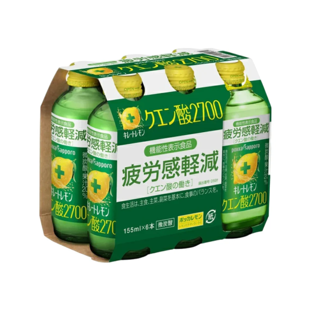 Pokka Sapporo Kire Lemon+ Sparkling Lemon Drink 155ml x 6 – 2700 mg Citric Acid for Fatigue Relief
