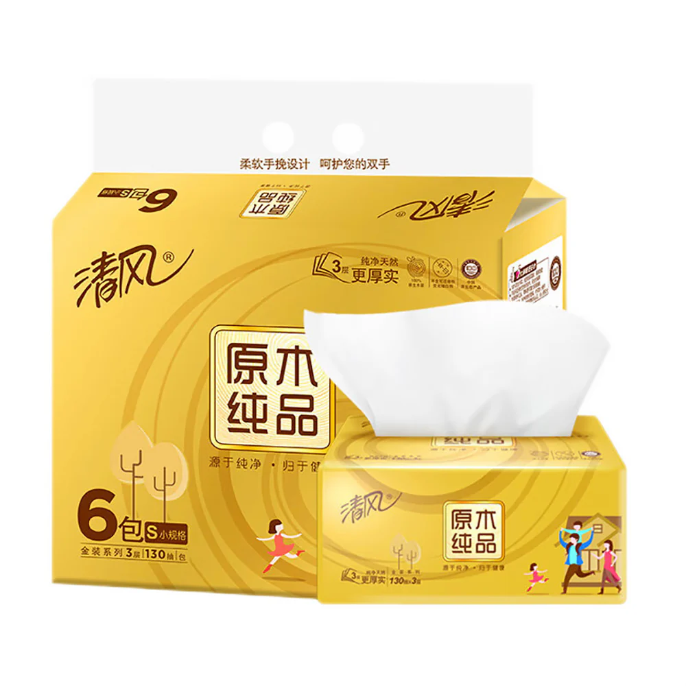 Qingfeng Gold Series Natural Wood Pulp Tissues 3-Ply 130 Sheets x 6 Packs x 2