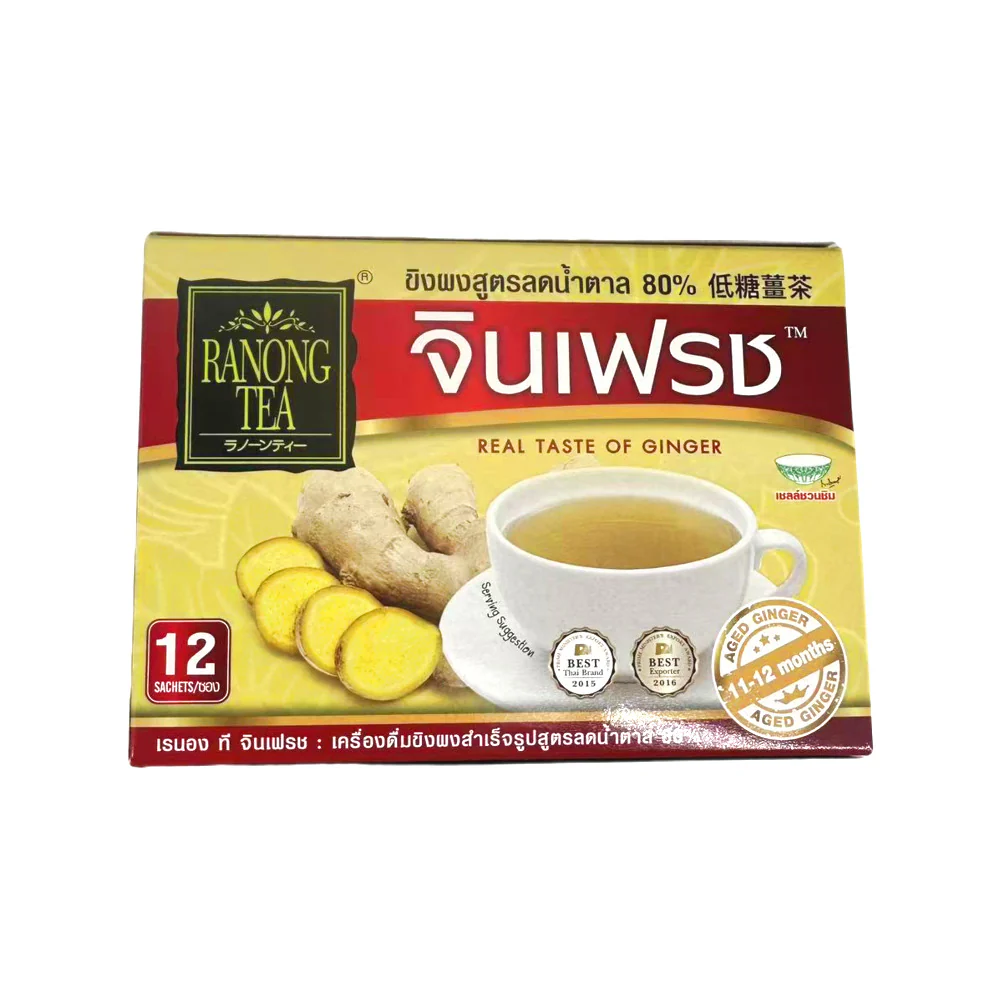 Ranong Tea Low Sugar Ginger Tea – 12 Sachets (60g) - Reduced Sugar Instant Ginger Drink