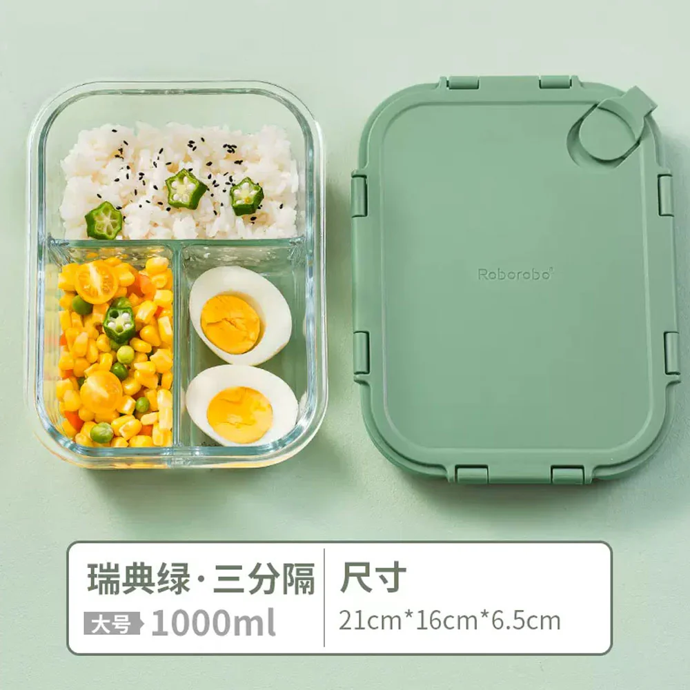 Roborabo Heat-Resistant Glass Food Storage Container with Dividers - Swedish Green, 1000ml