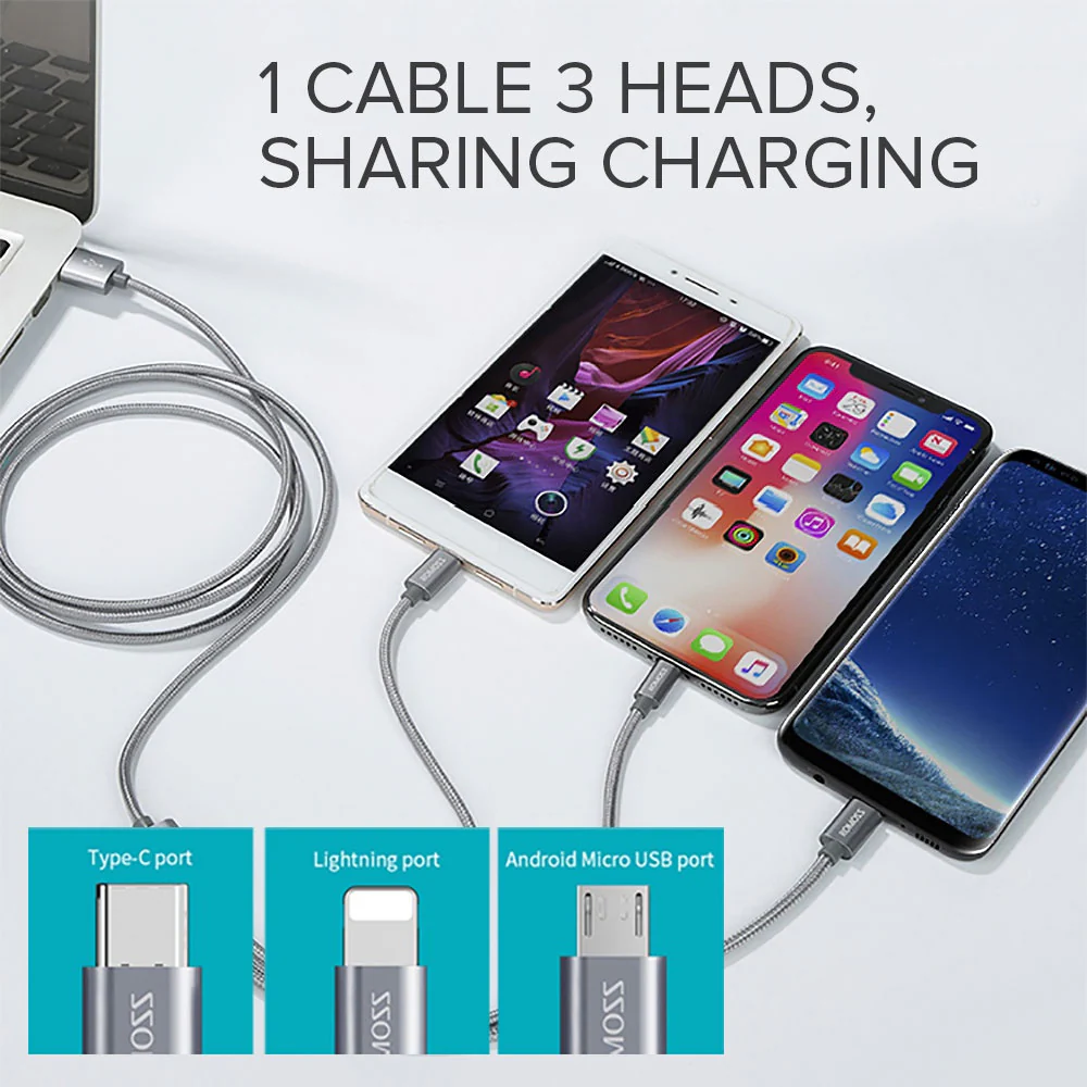 ROMOSS 3-in-1 Charging Cable 1m with Micro USB, USB-C, Lightning - Image 3