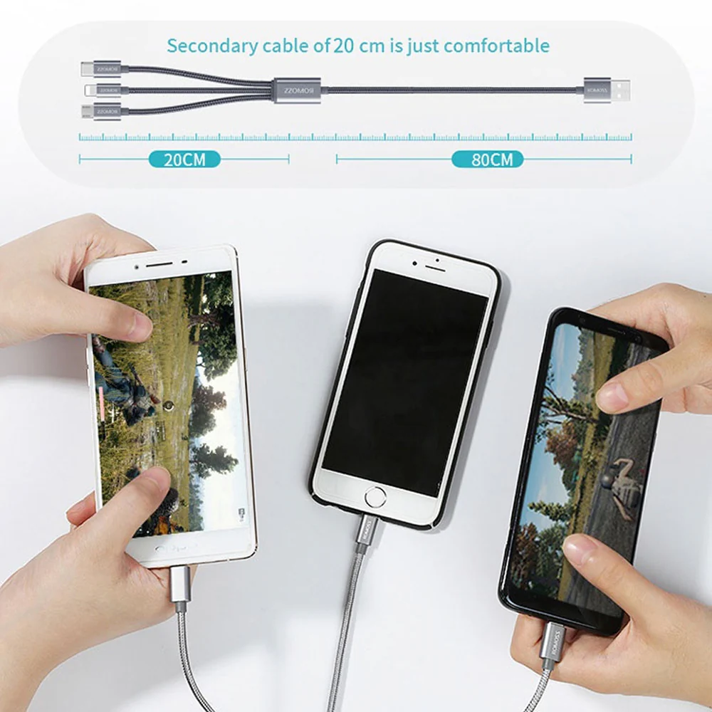ROMOSS 3-in-1 Charging Cable 1m with Micro USB, USB-C, Lightning - Image 4