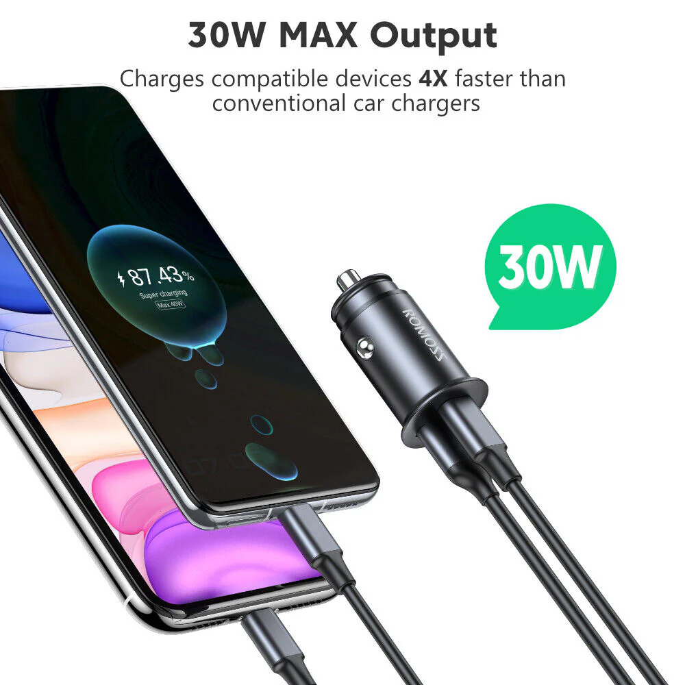 Romoss USB and Type-C Port Fast Charge 3.0 PD Car Adapter 30W - Image 2