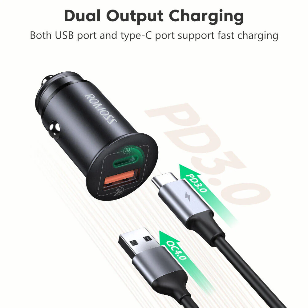 Romoss USB and Type-C Port Fast Charge 3.0 PD Car Adapter 30W - Image 5