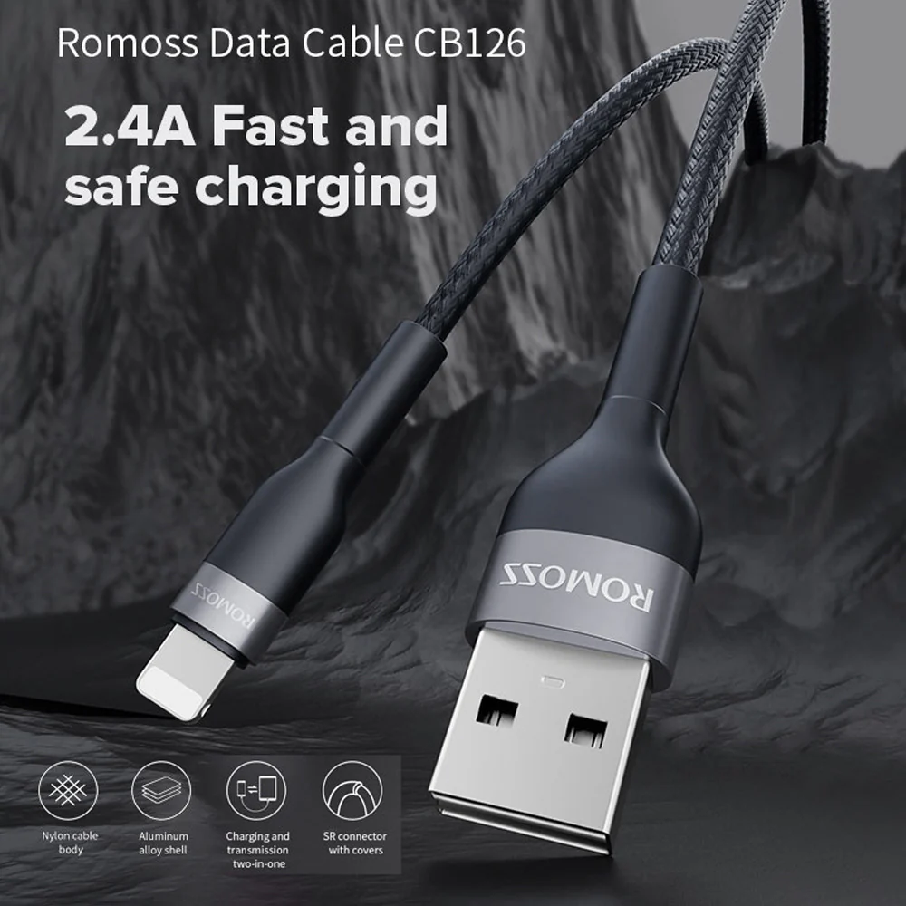 Romoss USB to Lightning 2.4A Data Cable 1m - Black - Image 2