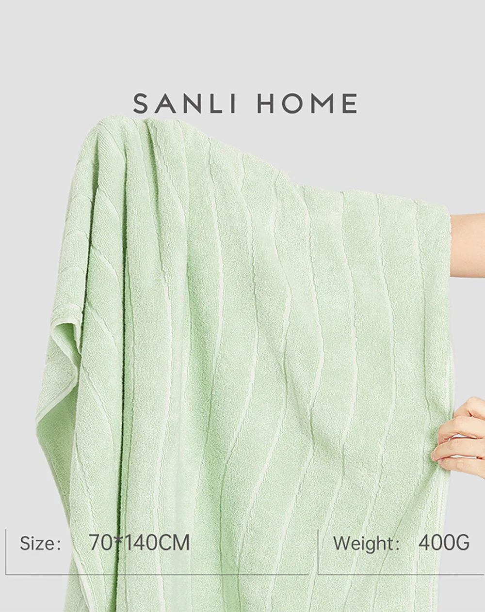 Sanli Cotton Ripple Bath Towel - Soft Green, 70x140cm - Image 3