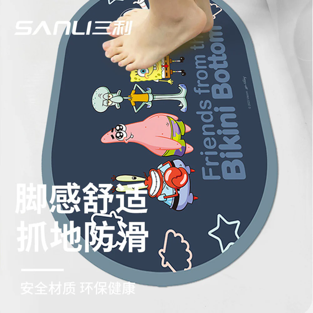 Sanli Diatomaceous Earth Bath Mat – SpongeBob & Patrick Jellyfishing, Oval, 50 x 80 cm - Quick-Dry Non-Slip Bathroom Floor Mat - Image 4