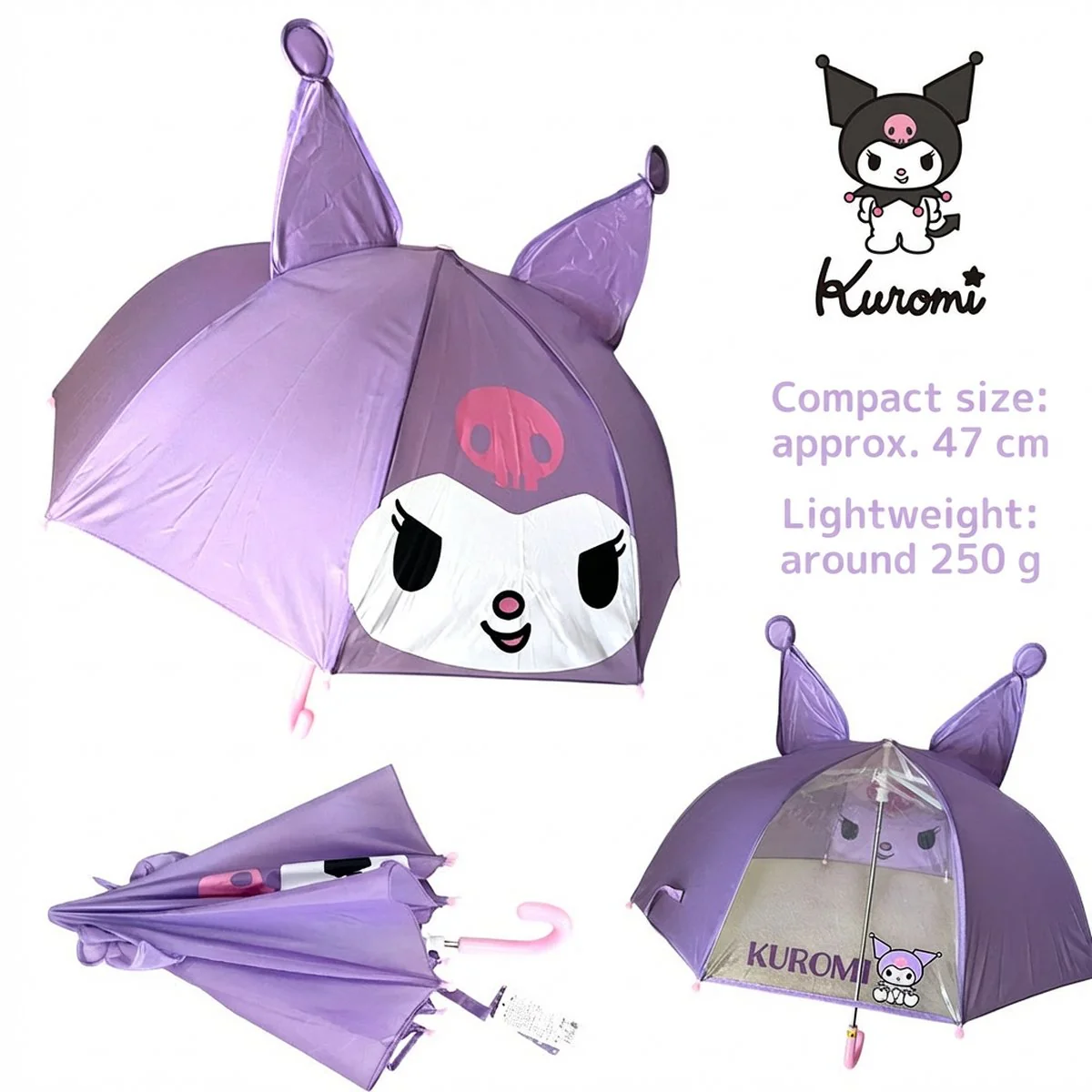 Sanrio Kuromi 3D Ears Kids Umbrella - Cute Character Purple Rain Umbrella - Image 2